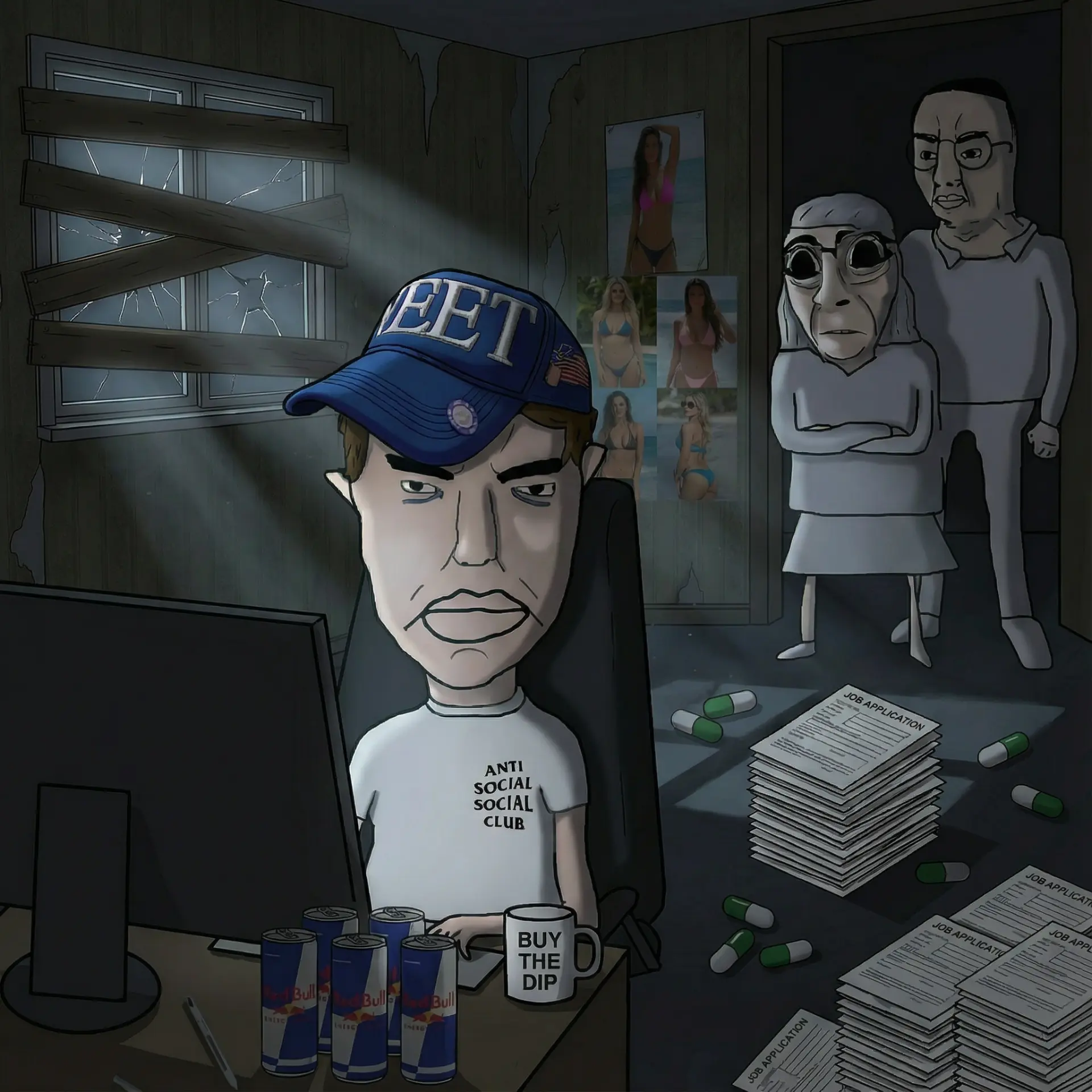 NEET trader in a dark bunker surrounded by rejected job applications
